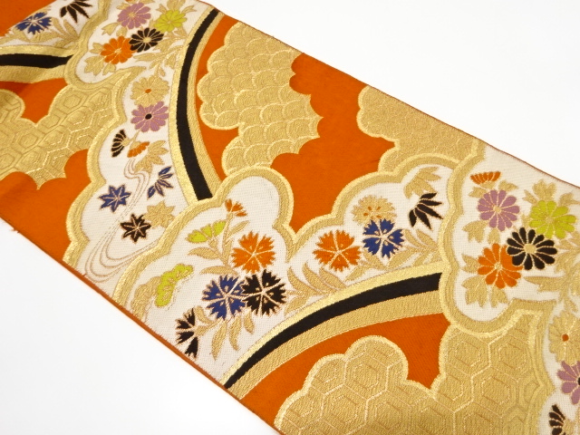 JAPANESE KIMONO / ANTIQUE FUKURO OBI / WOVEN KIKU & CLOUD